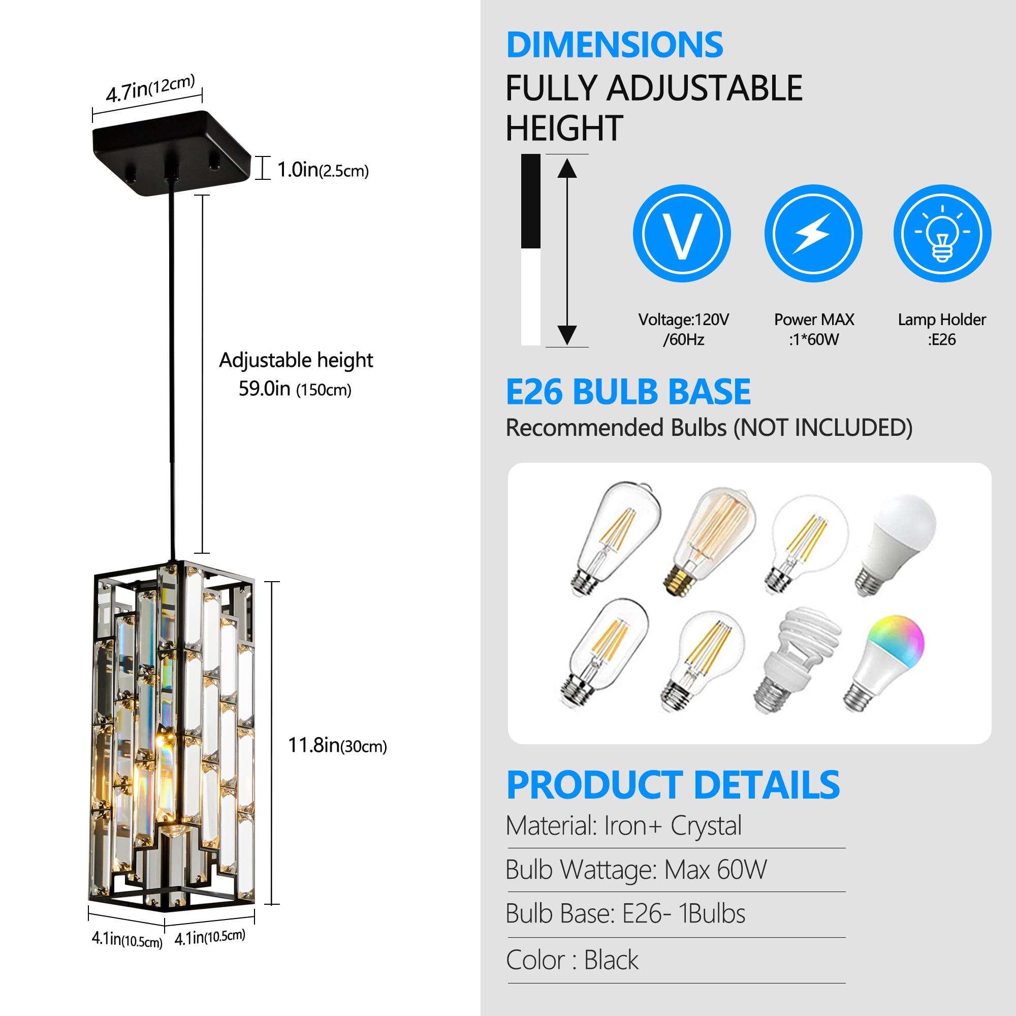 Miniyam Modern Crystal Pendant Light, 3-Pack Adjustable Hanging Ceiling Lamp for Dining Room, Black