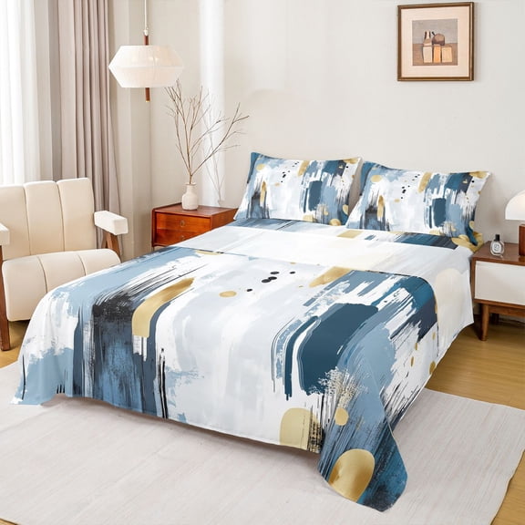 jejeloiu Ancient Splashing Ink Twin Sheet Sets,Blue White Gold Bedding For Men Women 3-Piece