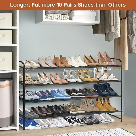4 Tier Long Shoe Rack for Closet Floor, Wide Shoe Shelf Storage Organizer 30-Pairs Stackable Sneaker Organizer for Closet, Bedroom (Black)