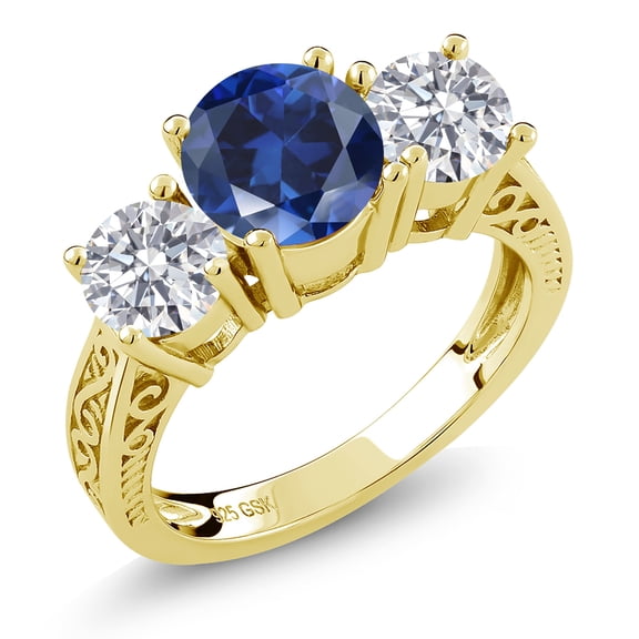 Gem Stone King 18K Yellow Gold Plated Silver Blue Created Sapphire and Lab Grown Diamond Engagement Ring for Women | 2.60 Cttw | Round 7MM | Gemstone September Birthstone | Size 8