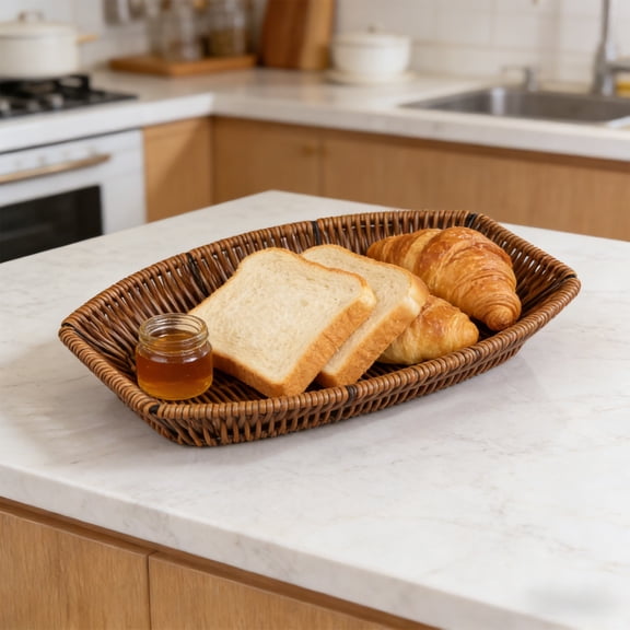 Woven Storage Basket, Plastic Bread Basket for Kitchen Counter, Fruit and Vegetable Storage Bin, Imitation Wicker Tray for Organization, Multi Purpose Serving Tray for Snacks or Mail, 11.4x8.7in