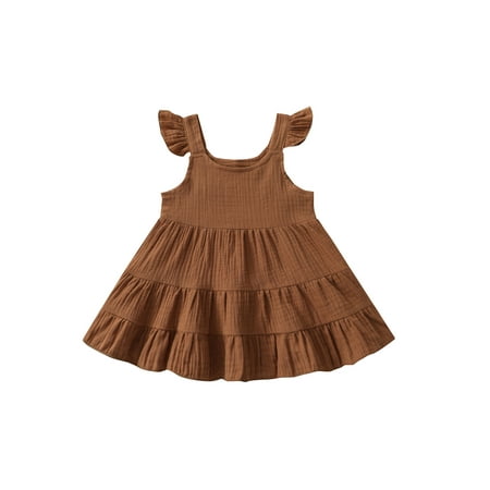 

Calsunbaby Toddlers Kid Girls Casual Ruffled Hem Dress Summer Solid Color U-neck Sleeveless One-piece Skirt