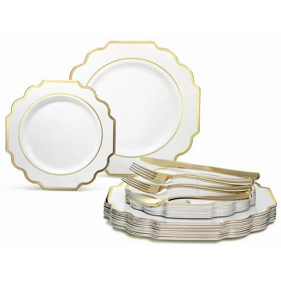 " OCCASIONS " 150 Piece set (25 Guests)-Wedding Plastic Plates & cutlery -Disposable heavyweight Dinnerware 10.5'', 8''   Silverware w/double fork (Imperial White & Gold)