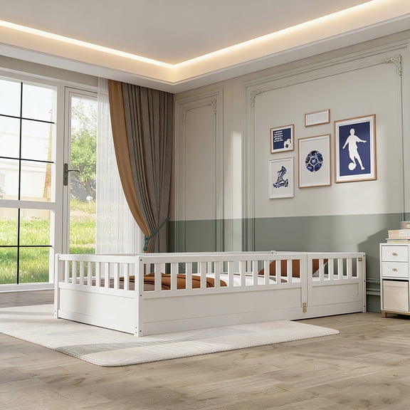 Twin Size Wooden Floor Bed with Enclosed Guardrails and Door, Low-Profile Integral Frame, White