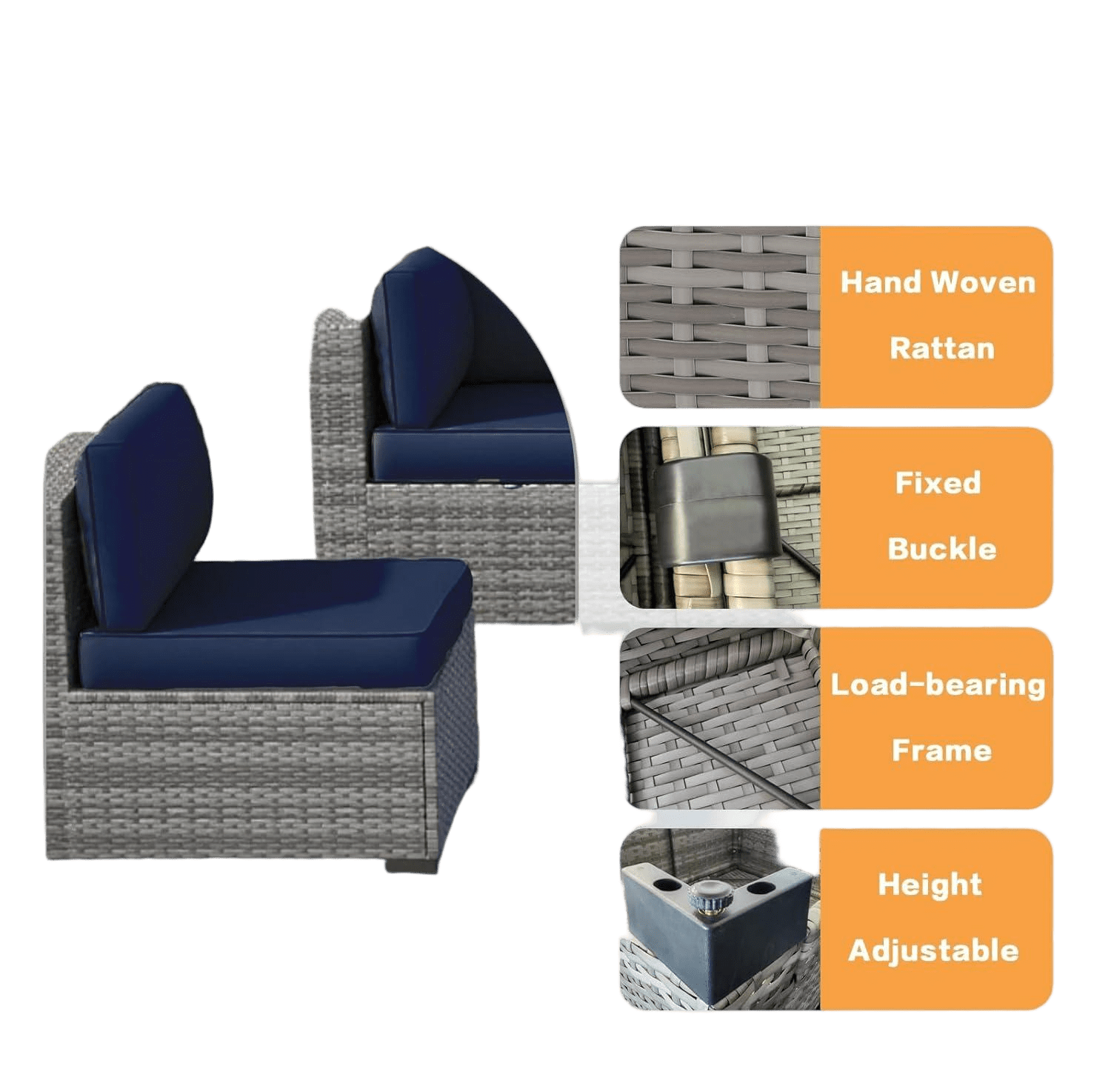 YIORTWO 7-Piece Outdoor Patio Furniture Set, Modular Wicker Sectional Sofa with 3.15" Thick Cushions, All-Weather Rattan Conversation Set with Tempered Glass Table, Navy Blue