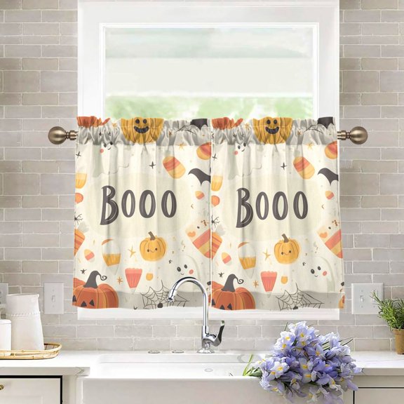 Yayeee Kitchen Curtains Tier Pair Light Filtering 27"x24" Rod Pocket Short Cafe Window Panel, Halloween Cute Pumpkins