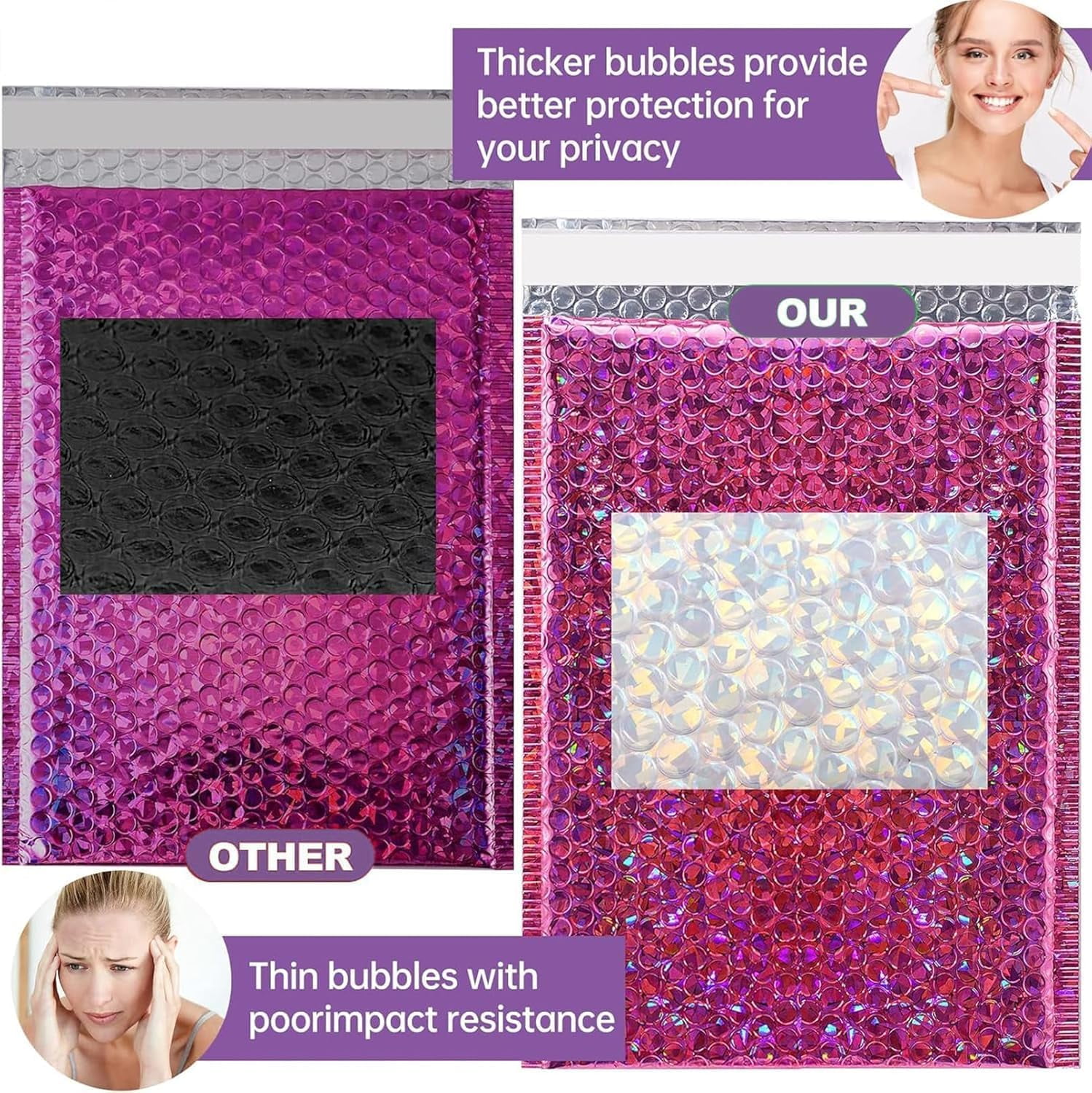 50Pcs Metallic Bubble Mailers,Waterproof Self Seal Adhesive Cushion Envelopes,Foil Glitter Shipping Mailer,Holographic Bubble Mailer for Mailing Packing Small Business,Thicken,3 Sizes,Rose Red