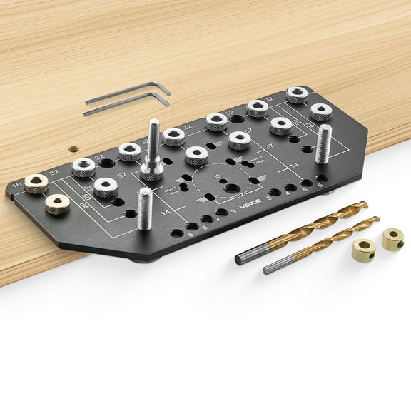 VEVOR Shelf Pin Jig and Hinge Jig Two-in-One, Aluminum Alloy Cabinet Hardware Hole Drilling Template with 1/4" and 3/16" Drill Bits, for Cabinet Doors Bookshelves Wardrobes Woodworking and DIY