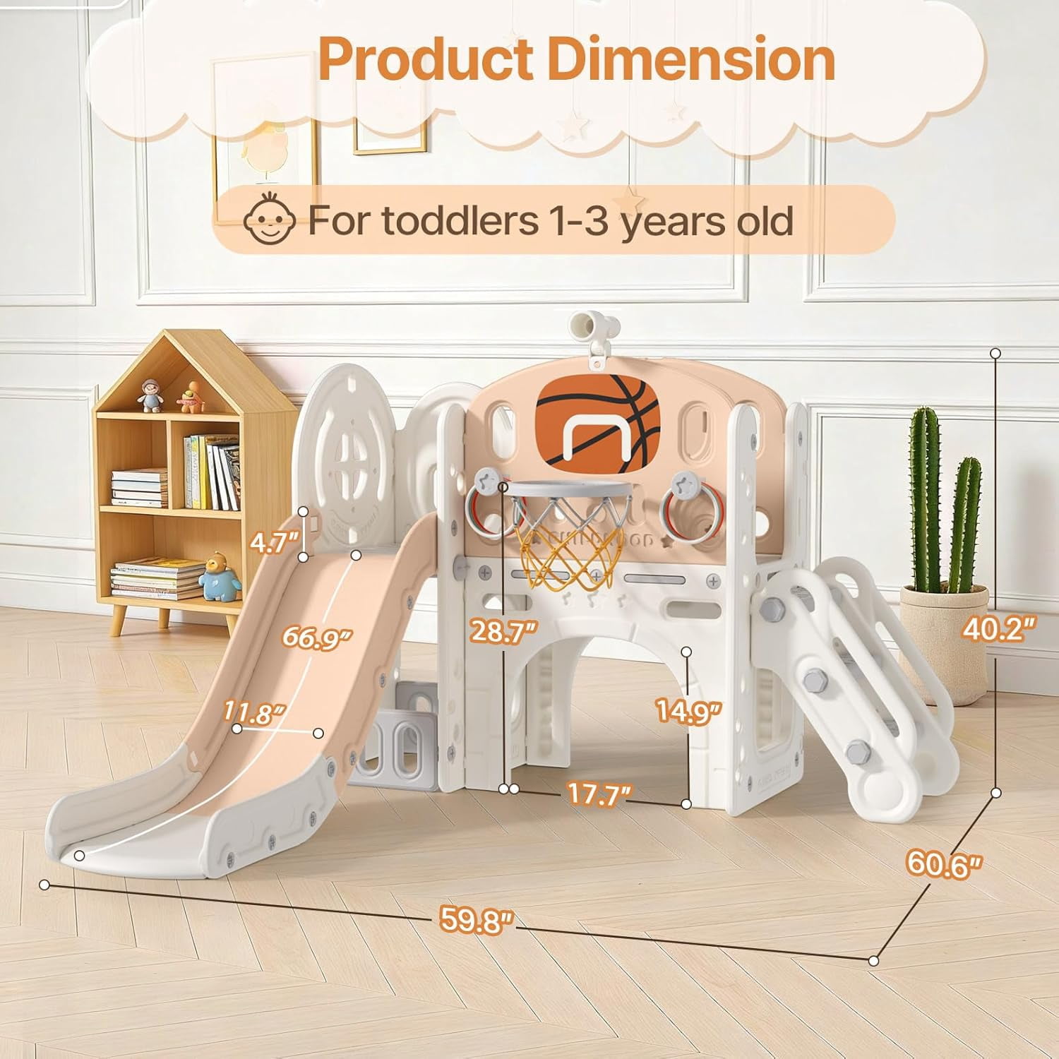 DKMOCO 9 in 1 Toddler Slide, Baby Slide for kids Age 1-3, with Basketball and Hoop, Indoor Outdoor Playset Playground Beige Coffee