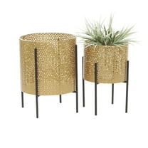 CosmoLiving by Cosmopolitan Gold Metal Floral Cutout Indoor Outdoor Planter with Removable Stand, Set of 2 15", 14"H