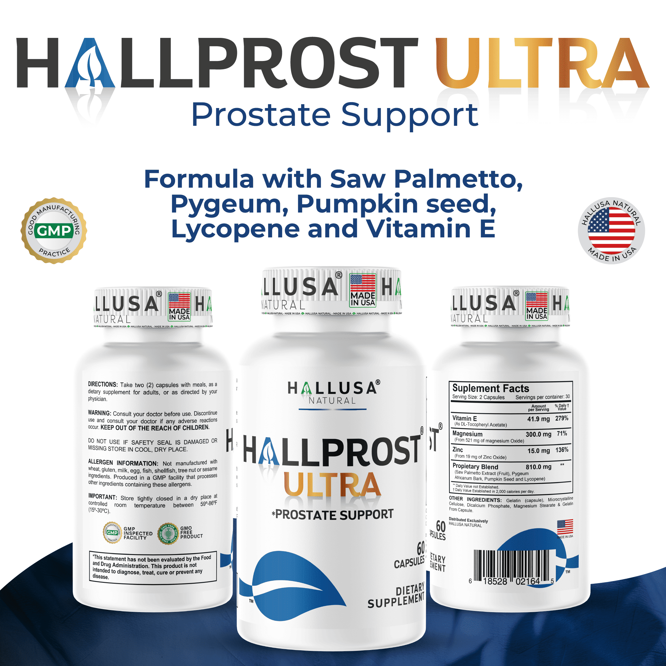 HALLPROST ULTRA Saw Palmetto Blend 1166 mg* Urinary Tract & Bladder Support, Prostate Health Supplement for Men with Lycopene, Pygeum, Pumpkin Seed, Zinc, Vitamin E, Magnesium, 60 capsules