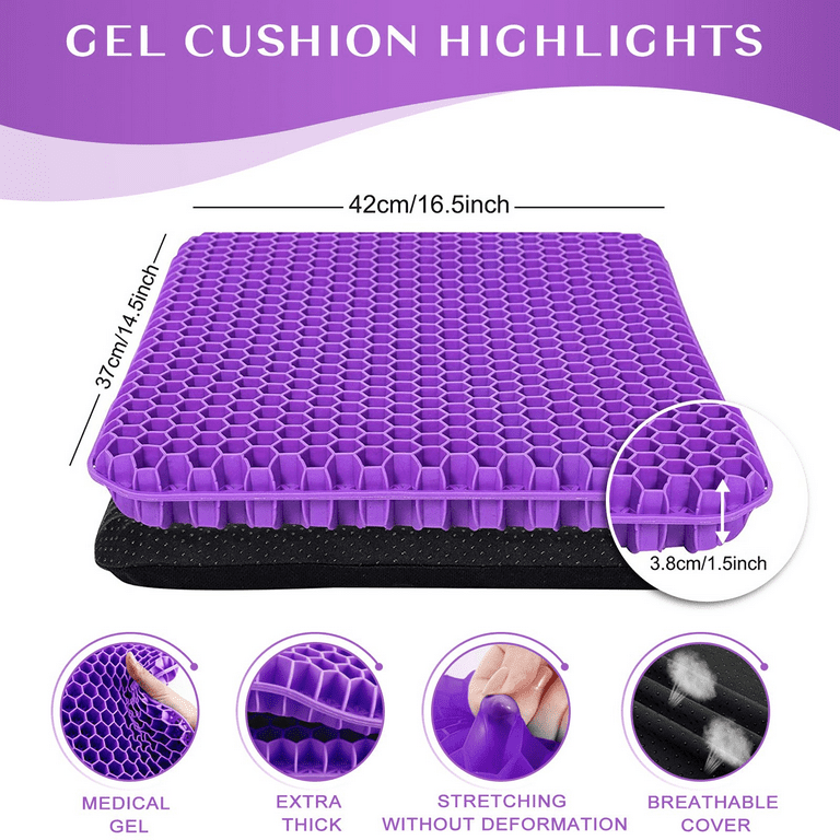 Oenbopo Gel Seat Cushion to Relieve Tailbone Pain 16.5x14.6, Double Thick  Non-Slip Comfortable Seat Cushion, Seat Cushions for Office Chairs,Purple 