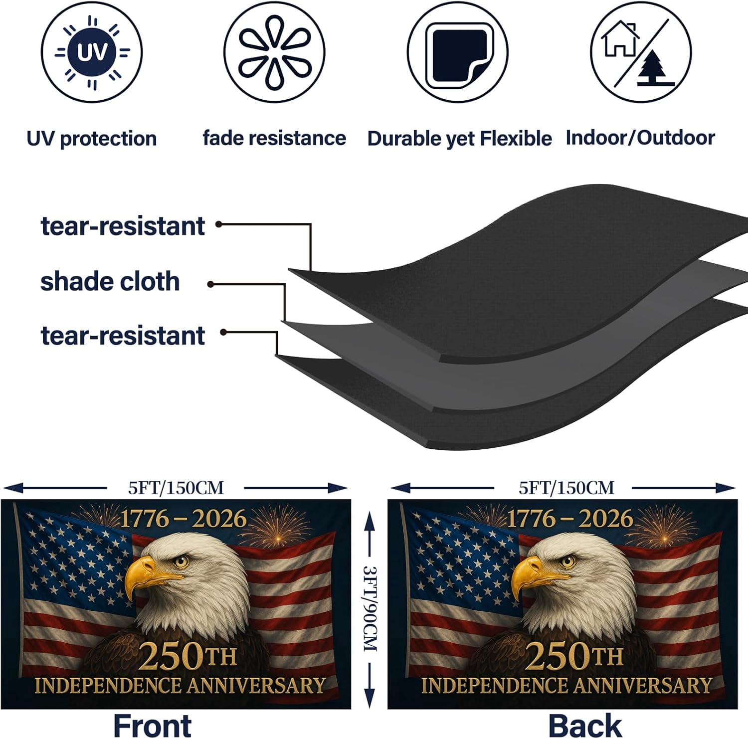 3 Ply 250 Anniversary USA Flag 250 Year American Anniversary Flag 250th Patriotic Independence Bald Eagle 1776-2026 3x5 ft Double Sided Heavy Duty Outdoor 12oz Canvas Header 4th of July