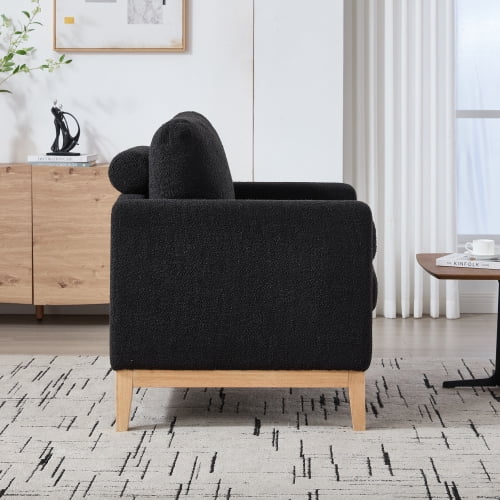 Gewnee 35.4 "Wide Modern  Chair , Wood Base Reading Armchair Single Sofa with Two Bolster Pillows for Living Room offices and Lounge, Black Boucle