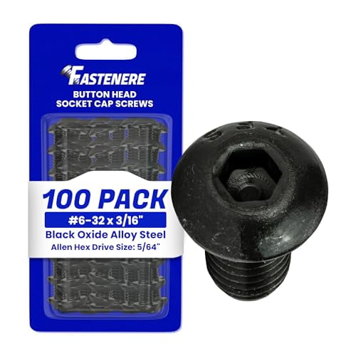 Fastenere Button Head Socket Cap Screws - 6-32 x 3/16" (100-Pcs) Alloy Steel, Fully Threaded, Fine Black Oxide Finish, Corrosion-Resistant, Machine Thread, Easy to Install w/ Allen Hex Drive