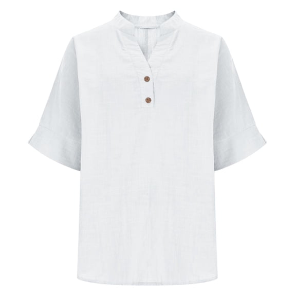 Lenpel Linen Tops for Women Split Half Sleeve V Neck Quarter Button Curved Hem Cotton T-Shirts Loose Tunic Tops Casual Tee Blouses