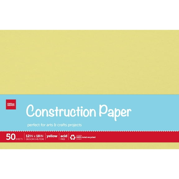 Office Depot® Brand Construction Paper, 12" x 18", 100% Recycled, Yellow, Pack Of 50 Sheets