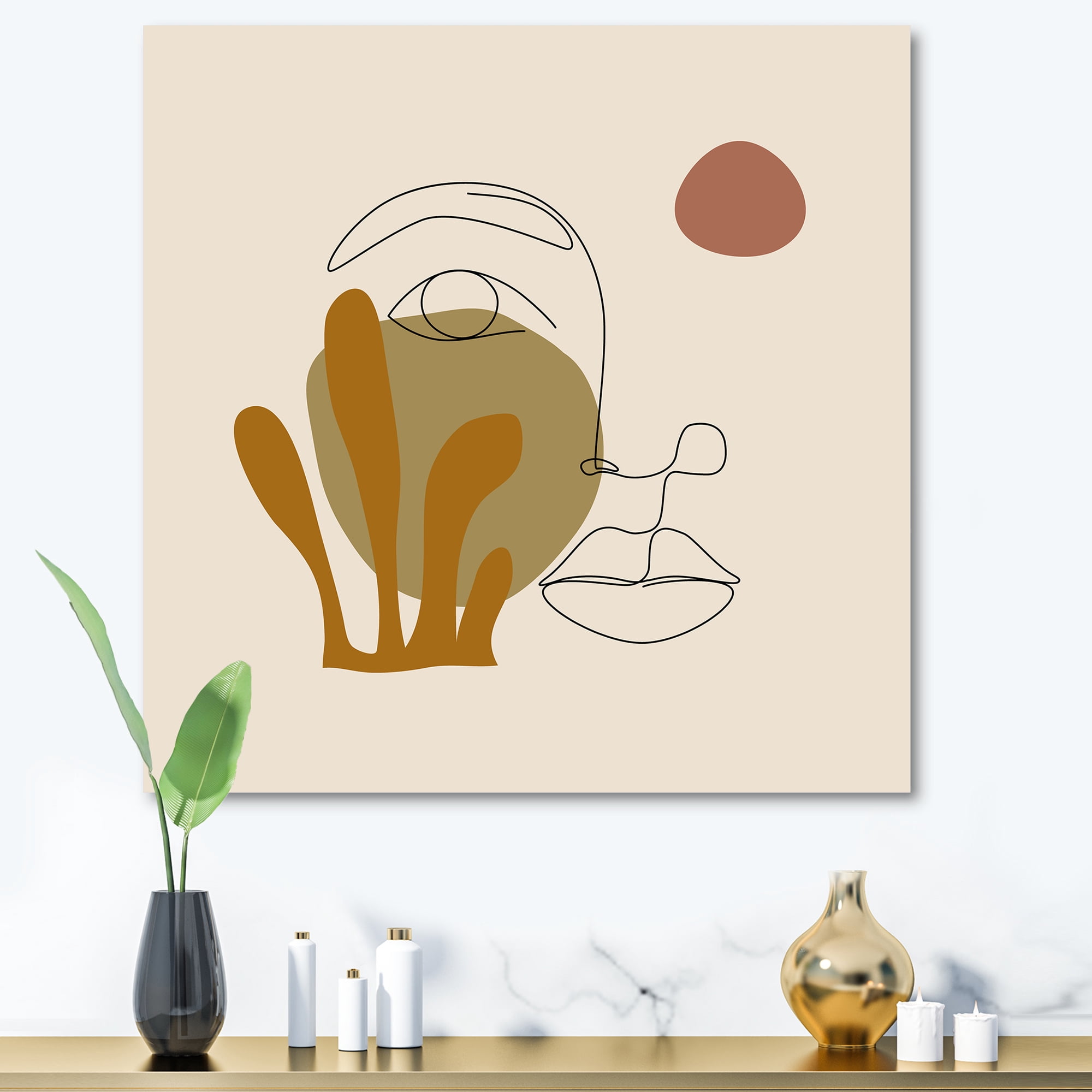 Designart ' One Line Art Portrait of Female In Terracotta Tones ' Modern Canvas Wall Art Print