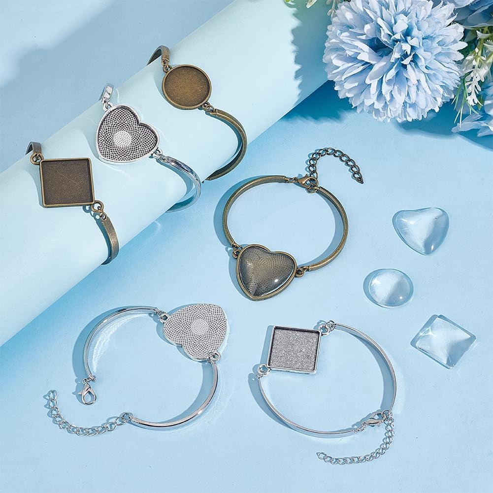 18 Sets 6 Styles Adjustable Bracelet Bezel Settings Kit Heart Square Half Round Alloy Blank Tray Bracelet with Glass Cabochons DIY Photo Bracelet for Slide Bracelet Jewelry Making