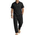 thumbnail image 2 of Awwp Men's Linen 2 Piece Outfits Short Sleeve Shirts & Long Pants Set Casual Loose Summer Matching Vacation Suit Black Size: L, 2 of 7