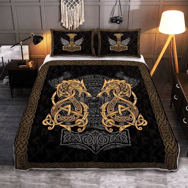 Viking Doona Cover - Fenrir Wolf And Hammer - Viking Quilt Bed Set Rlt12