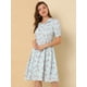 thumbnail image 2 of Vestido floral de gasa midi evasé con cuello Peter Pan para mujer Azul S, 2 of 6