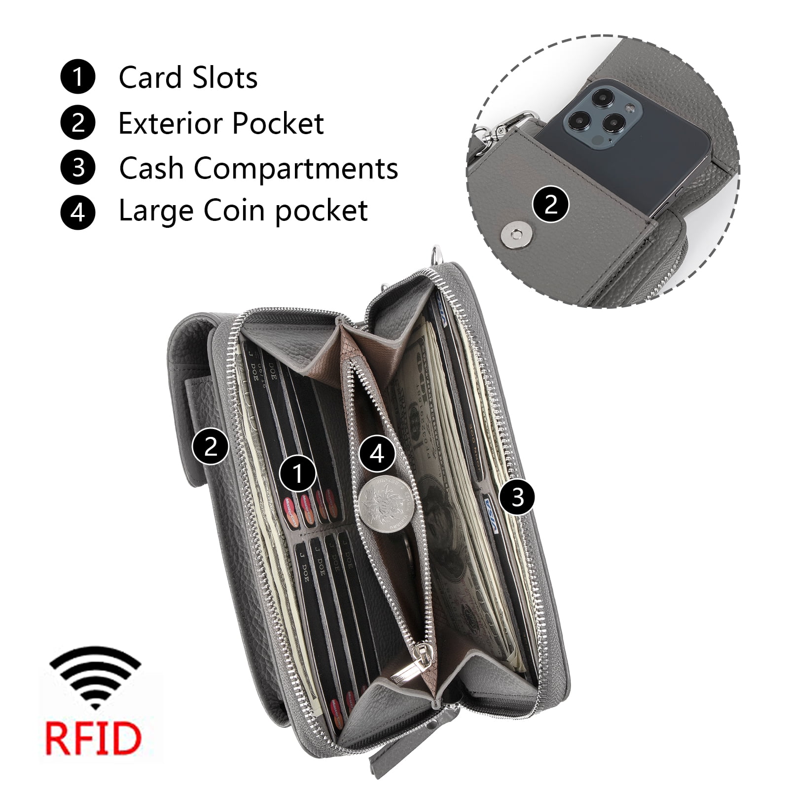 Pearl Angeli Women's Leather Mobile Phone Crossbody Cell Phone Bag RFID (Grey)