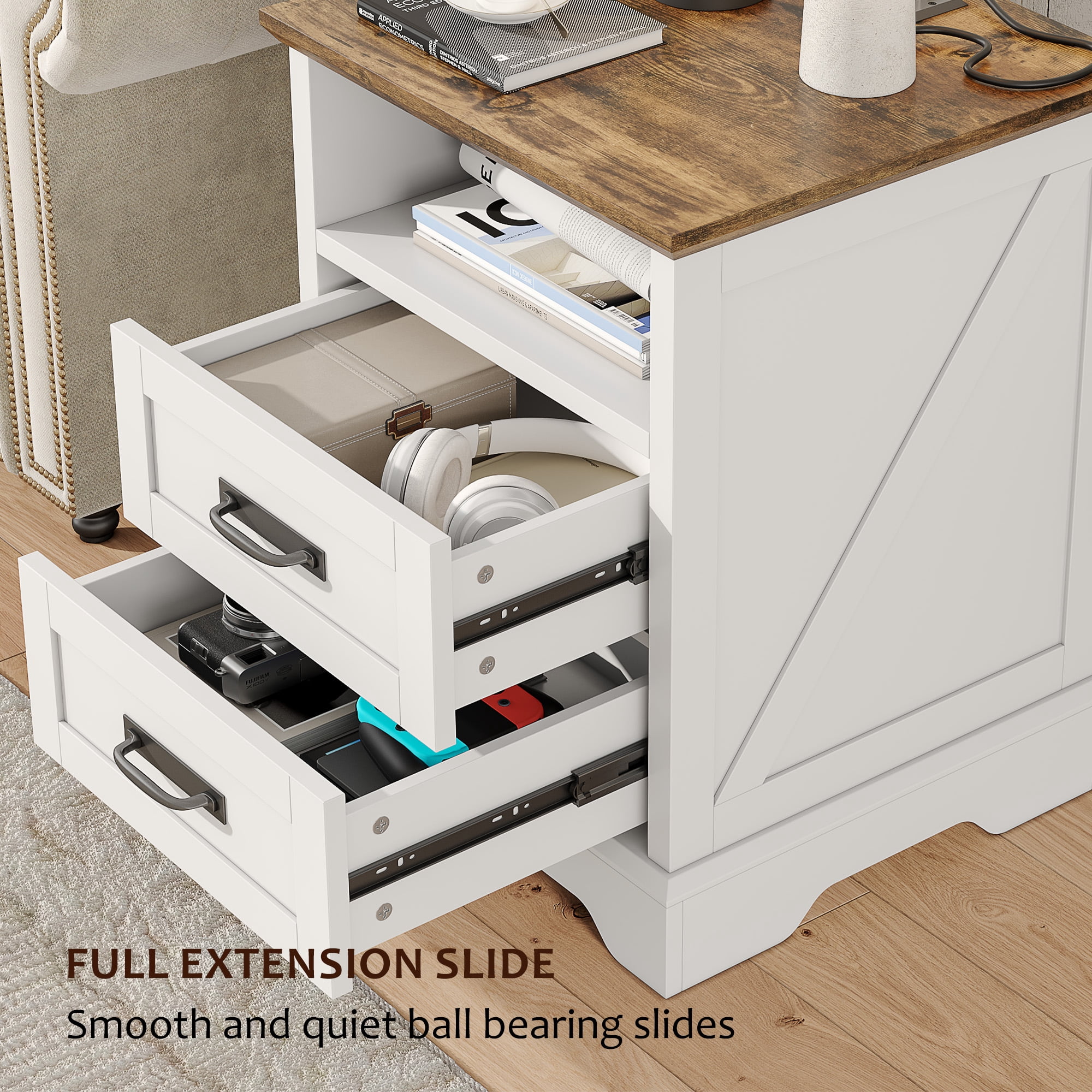 Nightstand with Charging Station, 18'' Farmhouse Bedroom Side Table, Modern End Table, White