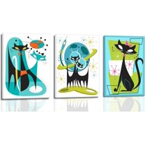 Futuristic Atomic Cats Wall Art Canvas Set Modern Tech Inspired Posters in Blue Green Orange Abstract Geometric Paintings Pictures and Prints Gallery Wall Decor for Living Room Bedroom Unframed