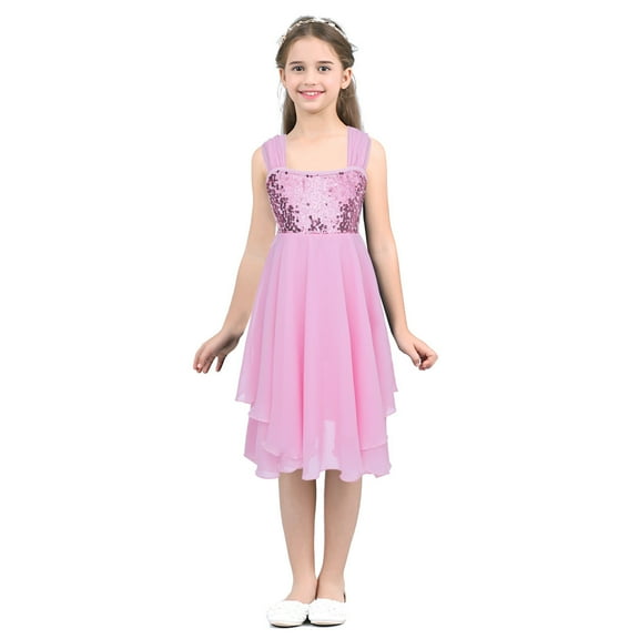 vastwit Girls Sleeveless High Low Dancing Costume Shiny Sequins Lyrical Ballet Dance Leotard Dress Pink L