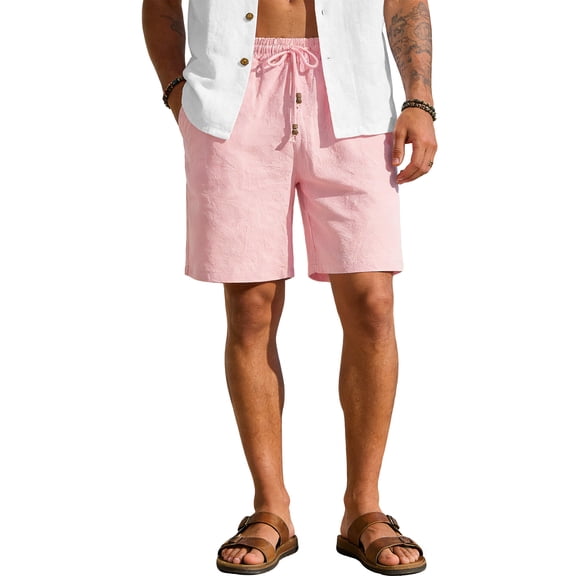 LTTVQM Cotton Linen Shorts for Men Casual Elastic Waist Drawstring 2026 Summer Beach Vacation Shorts with Pockets Pink M