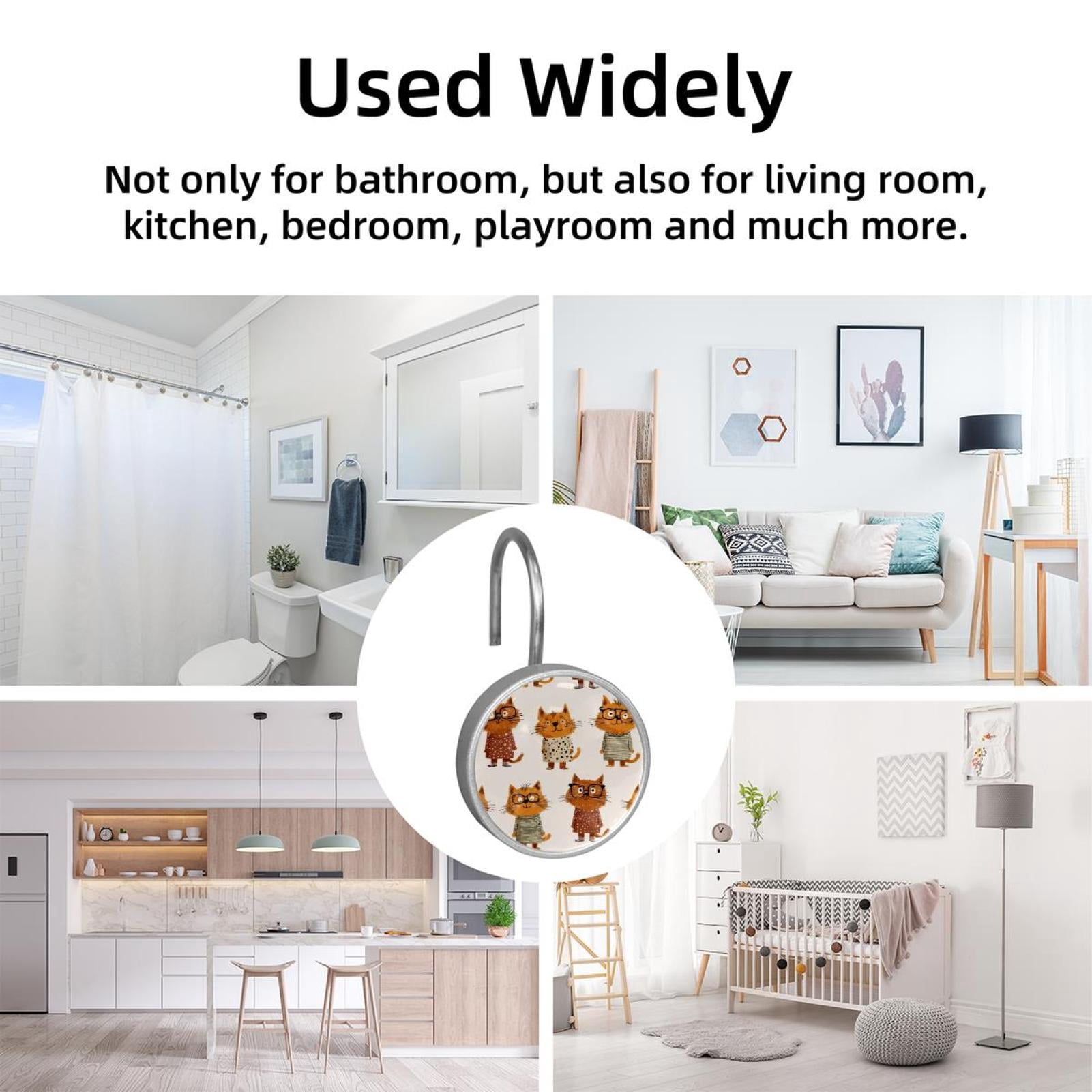 12pcs Decorative Shower Curtain Hooks, Rust Resistant Shower Rings for Bathroom Living Room,Rustproof Stainless Steel Rings for Shower Curtain and Liner Rods,Cartoon Sweater Glasses Cat