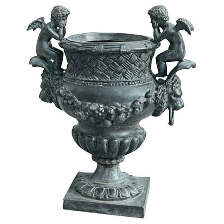 Large Classic Luxury Double Cherub Lost Wax Solid Bronze Garden Urn Our garden urn is a replica of a Louis XIV original believed to be designed by French artist Pierre Duval Le Camus (1790-1854). This piece is an heirloom architectural element and guarantees lasting beauty. Our grand bronze urn  which gives the impression of the Ch âteau de Versailles  is expertly finished with a hand-applied multidimensional emerald verde bronze patina. The substantial urn sculpture is individually cast in the traditional lost wax method  which is fraught with exquisite detail from its basket-woven crown and pondering cherub handles to its swags of fruits and flowers. Sure to be a focal point  this Design Toscano exclusive heirloom-quality bronze garden statue conveys that you take the exterior of your home as seriously as the interior. 19 Wx13 Dx24 H. 48 lbs.