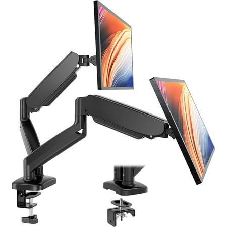 Dual Monitor Stand Arm, Gas Spring 2 Monitor Desk Mount Adjustable Height Swivel Bracket with Clamp and Grommet Base Fits 13-32 inch Computer Screen, Hold 17.6lb