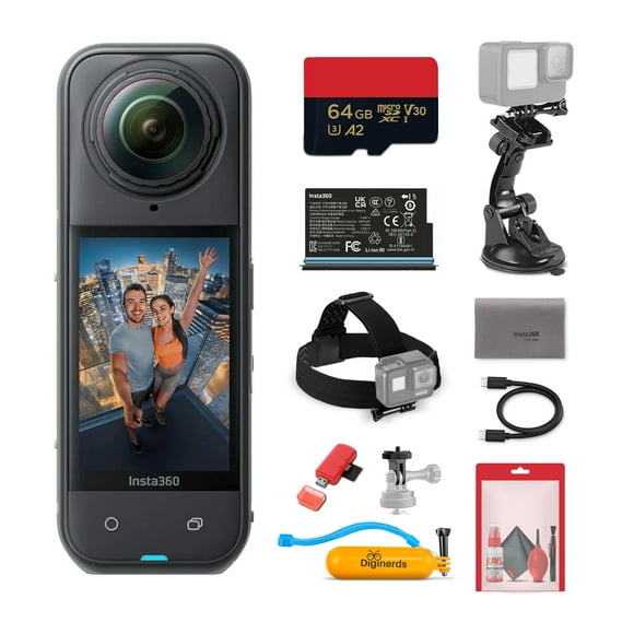 Insta360 Caméra d'Action Étanche X5 8K 360 / Capteurs 1/1.28 Pouces, PureVideo AI, Stabilisation, Autonomie de 185 Min, Construction Robuste (CINSAAHA_X501) + Kit d'Accessoires 50-en-1 + Carte 64GB + Plus