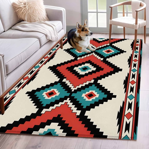 Aztec Southwest Area Rug 4x6 Washable Rug Non Slip Tribes Vintage Red Blue Abstract Large Area Rug Indoor Floor Carpet for Entryway Bedroom Kitchen Living Room Home Office Dining Room Nursery