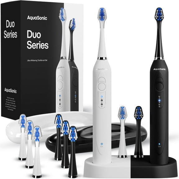 AquaSonic Duo Electric Toothbrush Set – Dual Handles, 40,000 VPM, Wireless Charging, 3 Modes, 10 DuPont Brush Heads & 2 Travel Cases