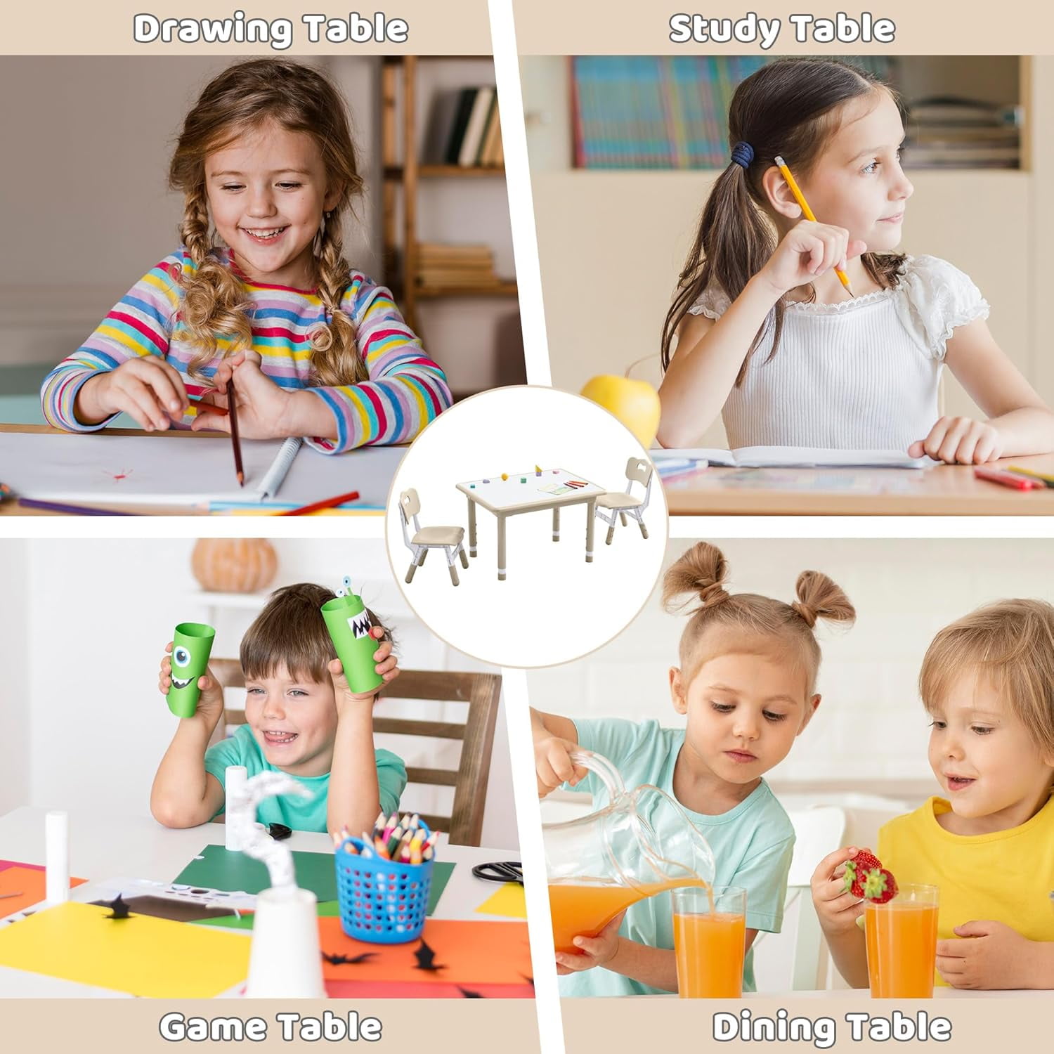 Kids Table and 4 Chairs Set, Height Adjustable (17.7"-26.1") Toddler Table and Chair Set, Multi-Activity Table with Graffiti Desktop, Children’s Table and Chairs for Classroom, Home & Daycare