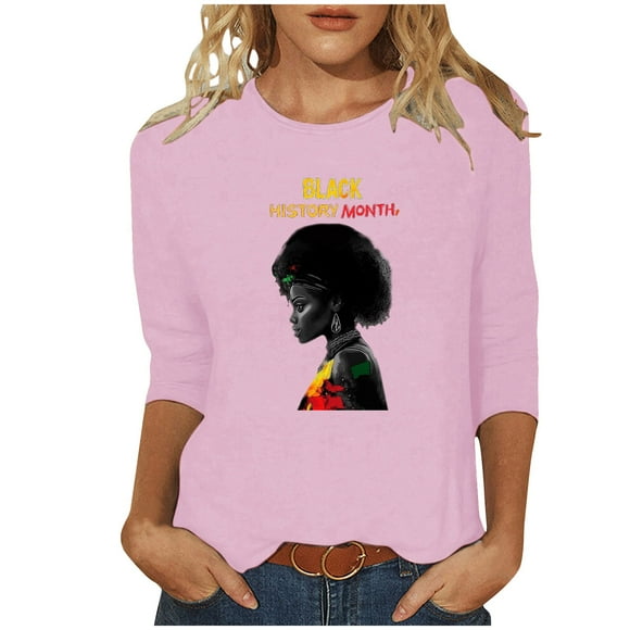 ZVAVZ Womens Tops Dressy,Womens Black History Month Tops 3/4 Length Sleeve Crewneck Tunic Tees African American Celebrating Freedom Tops Flash Sale Pink M