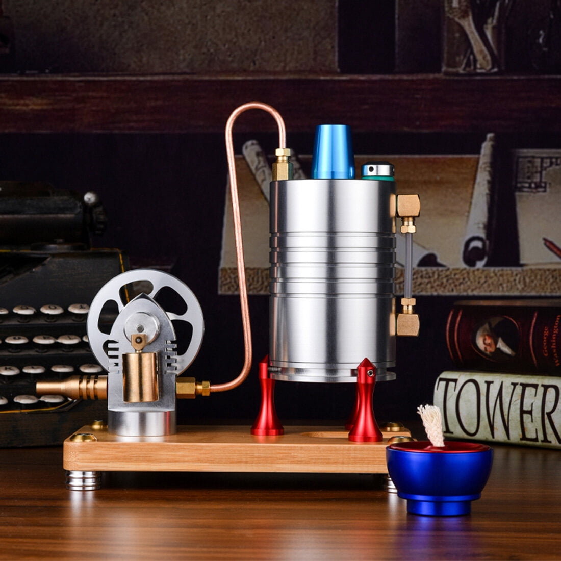 Retro Metal Vertical Steam Engine Model Kit That Runs, Mini Steam Power Engine with Boiler and Dual Alcohol Lamp, DIY Physics Experiment Model Gift for Enthusiasts