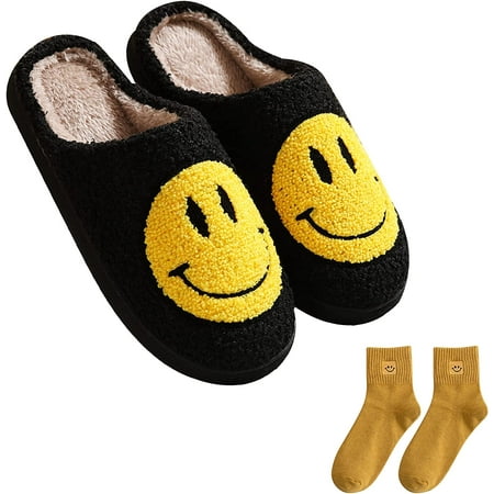 

Smiley Face Slippers Retro Cozy Comfy Plush Warm Slip-on Slippers Winter Soft Fuzzy Indoor House Shoes with Memory Foam for Men Women…