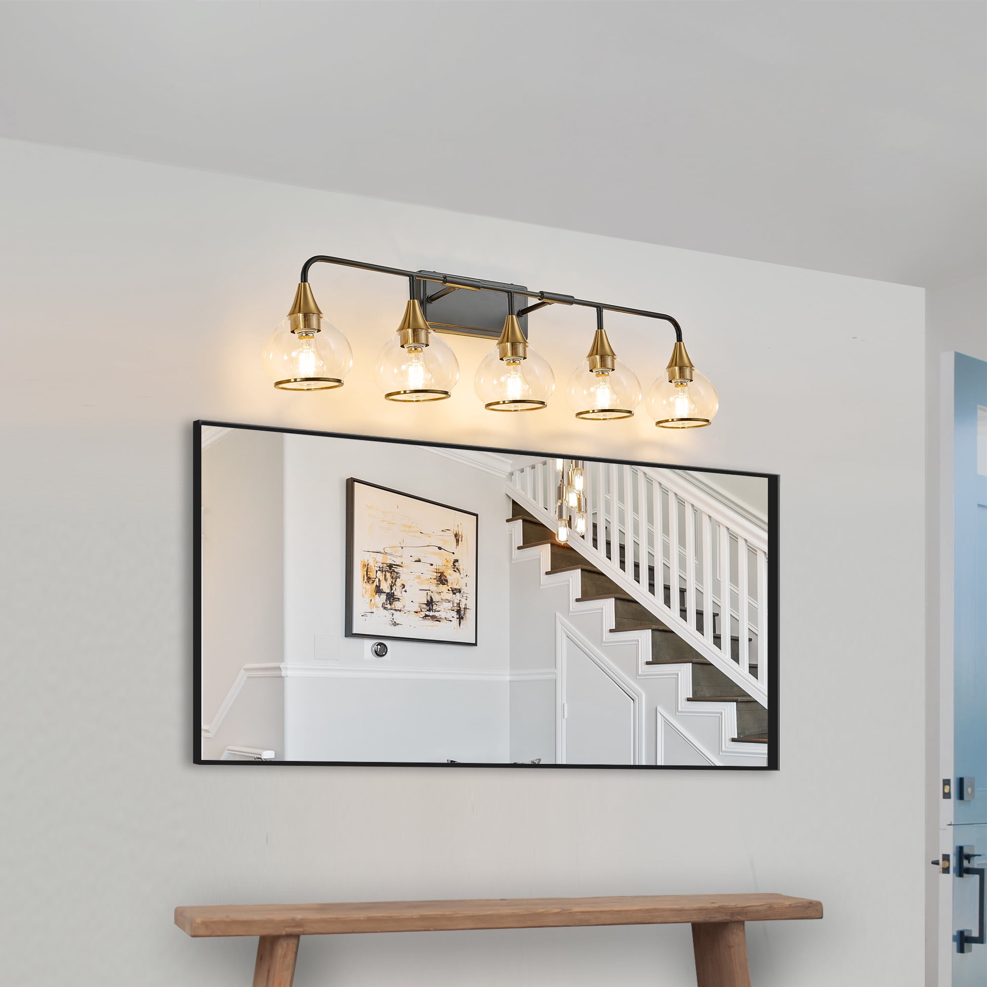 40" Modern 5-Light Vanity Light - Black and Gold Industrial Wall Sconce for Bathroom Mirror, Living Room, Hallway with Clear Glass Shades (Bulb Not Included)