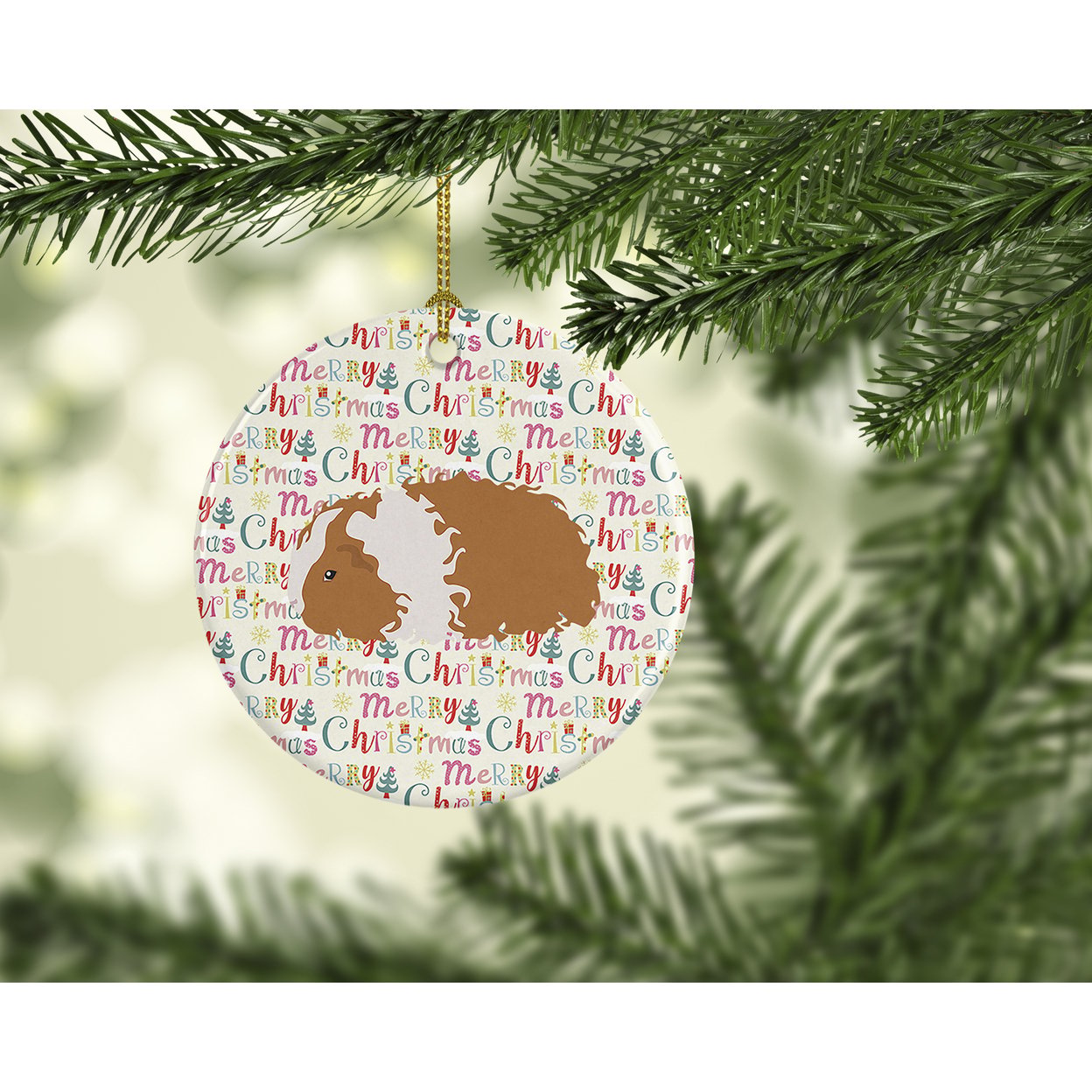 Texel Guinea Pig Christmas Ceramic Ornament 2.8 in x 2.8 in