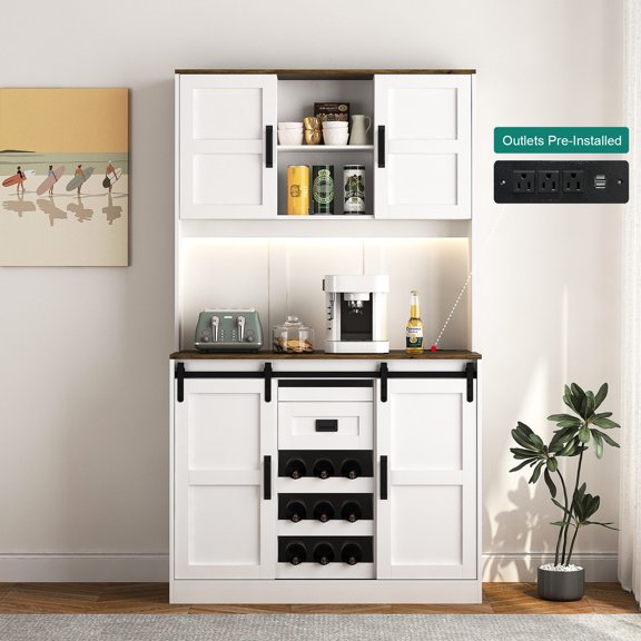 White Rustic Wine Cabinet with Sliding Barn Door and Spacious Storage for Snacks and Jars