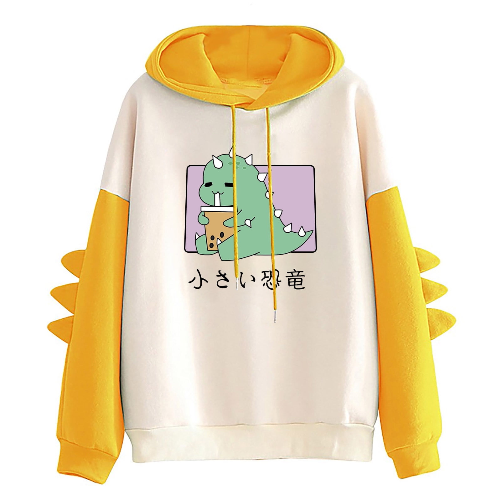 Womens Dinosaur Hoodie Cute Sweatshirts Stitching Color Drawstring Pullover Casual Kawaii Cartoon Tops 