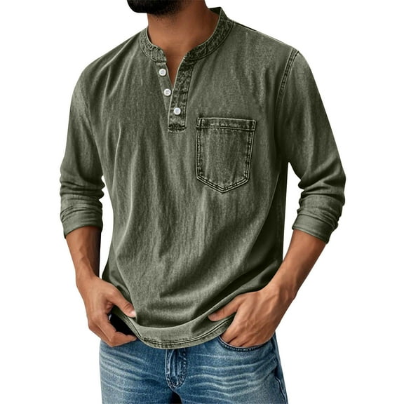Domuza Mens Henley Long Sleeve Shirts Vintage Washed Distressed Cotton Shirts Casual Loose Fit Button Down Lapel Pullover with Pockets Army Green 2XL