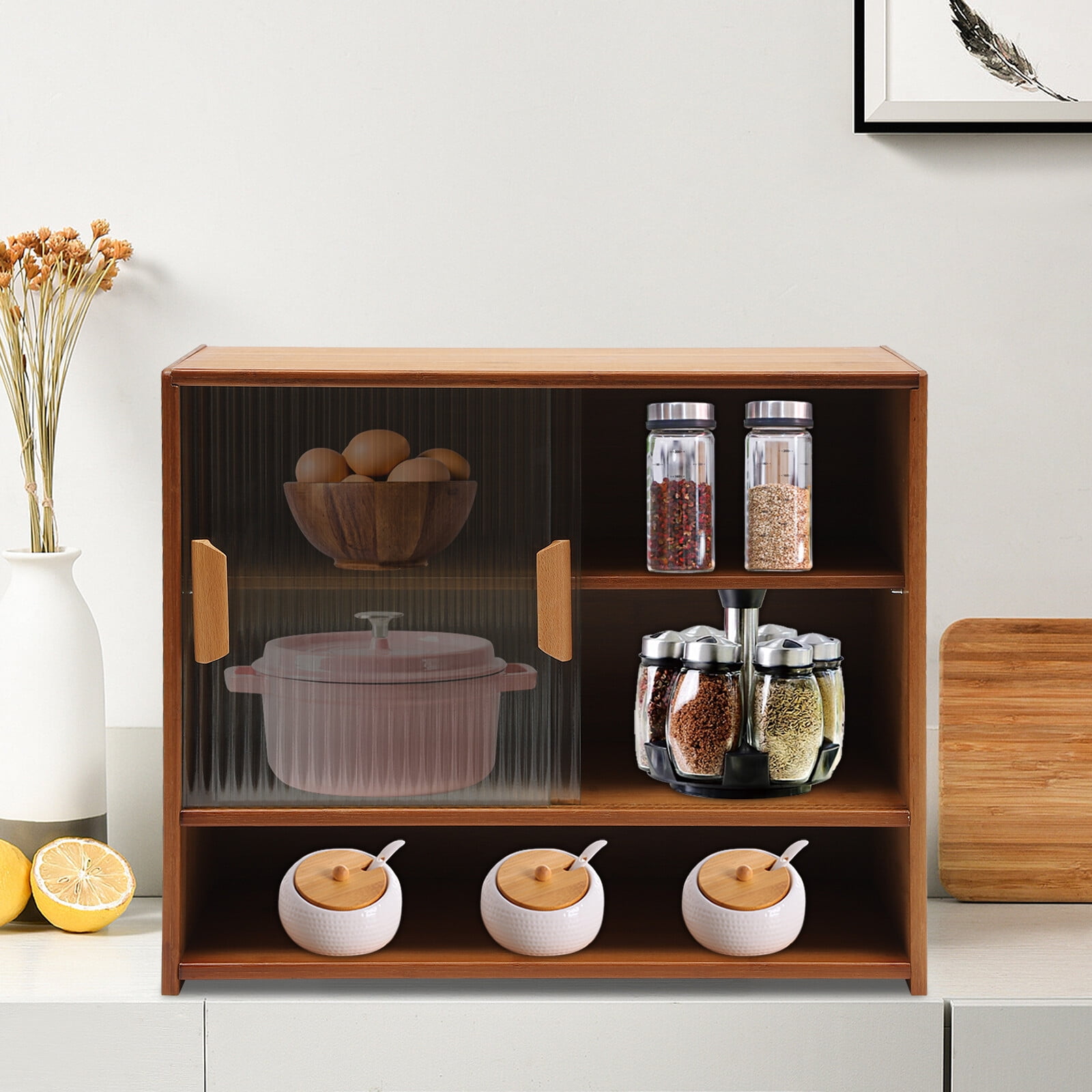Kitchen Pantry Sideboard Bamboo Small Storage Cabinet Sliding Door Cupboard for Kitchens, Bathrooms