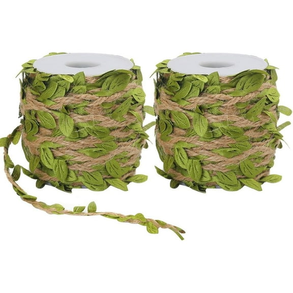 Burlap Leaf Ribbon, 66 Feet 5mm Natural Jute Twine Ribbon with Artificial Leaves for Crafts, Wedding, Jungle Safari Party, Home Decorations