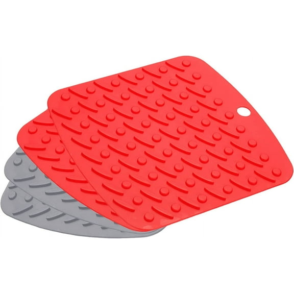 Silicone Trivets Mats 4pcs, Heat Resistant Hot Pads for Kitchen Counter, Flexible Durable Pot Holders Pot Coaster Kitchen Table Mats-Light Grey/Red
