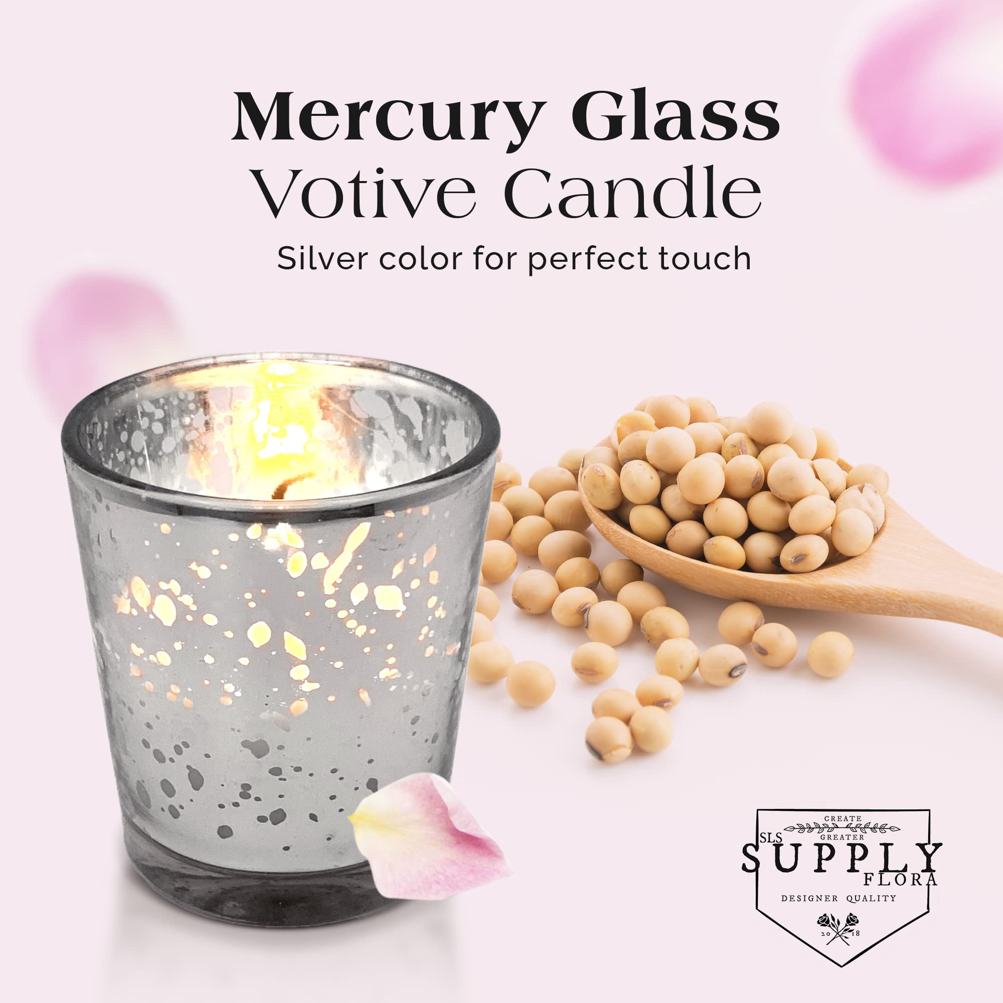 SLS SUPPLY FLORA - Mercury Glass Votive Candles Set of 48 - Small Candles in Candle Jars Decorative Candles for Wedding Favors Gifts or Home Decor Soy Wax, 8-10 Hour Burn Time - Silver